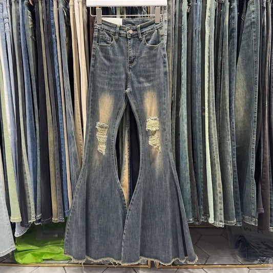 Women's Retro Tattered Jeans Flared Mop Jeans Beyond Trends Hub
