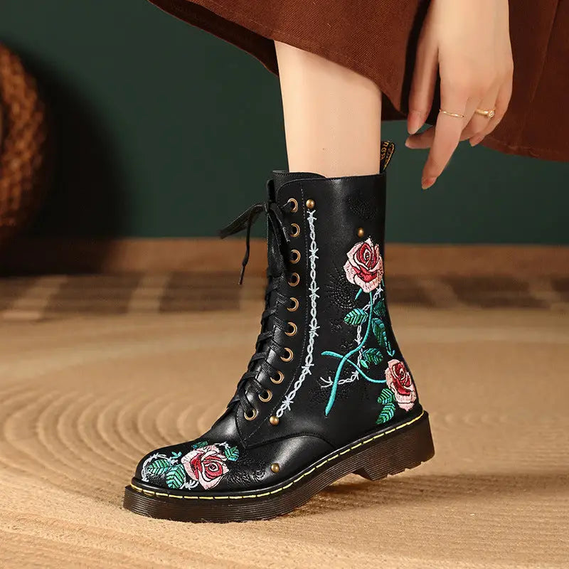 Women's Round Toe Mid Heel Martin Side Zipper Muffin Bottom Booties Embroidery Ethnic Style Women's Shoes Beyond Trends Hub