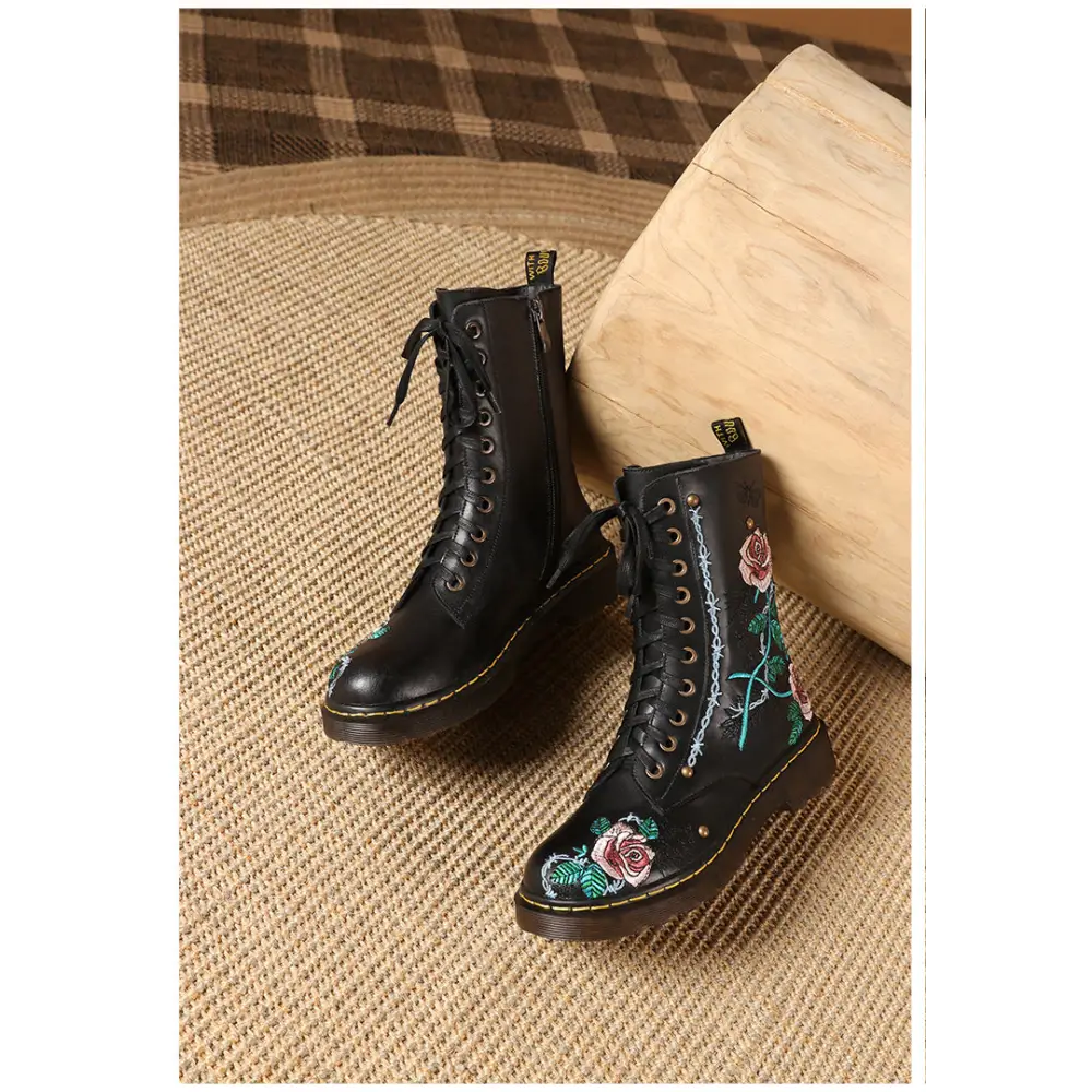 Women's Round Toe Mid Heel Martin Side Zipper Muffin Bottom Booties Embroidery Ethnic Style Women's Shoes Beyond Trends Hub