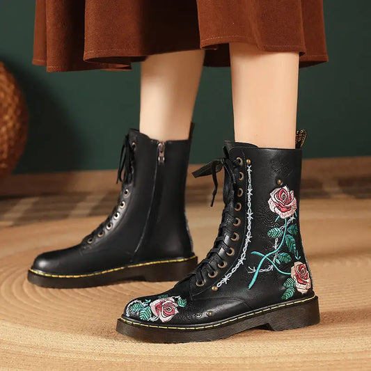 Women's Round Toe Mid Heel Martin Side Zipper Muffin Bottom Booties Embroidery Ethnic Style Women's Shoes Beyond Trends Hub