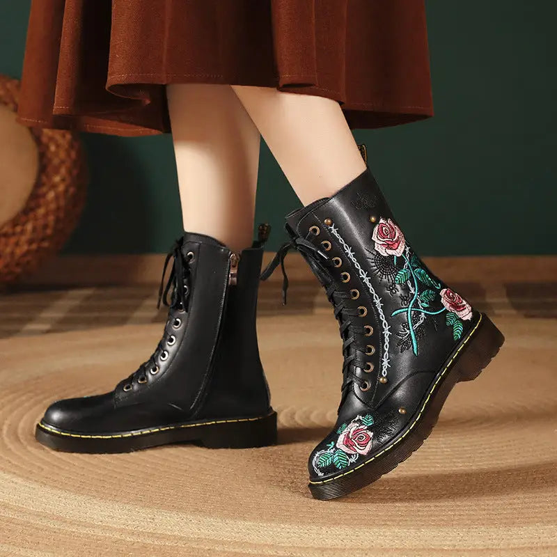 Women's Round Toe Mid Heel Martin Side Zipper Muffin Bottom Booties Embroidery Ethnic Style Women's Shoes Beyond Trends Hub