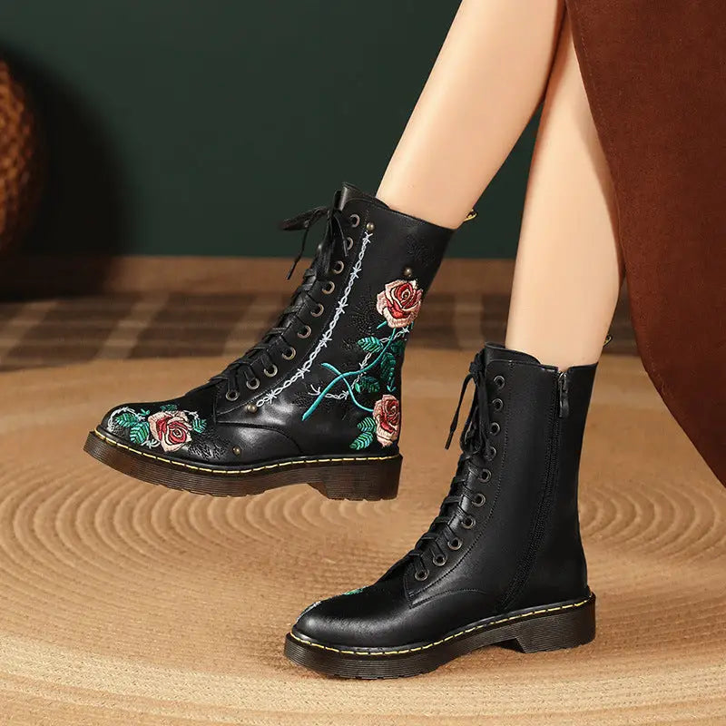 Women's Round Toe Mid Heel Martin Side Zipper Muffin Bottom Booties Embroidery Ethnic Style Women's Shoes Beyond Trends Hub