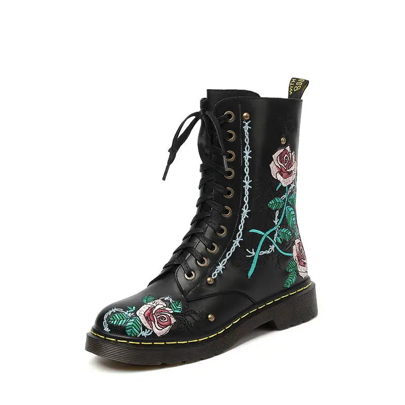 Women's Round Toe Mid Heel Martin Side Zipper Muffin Bottom Booties Embroidery Ethnic Style Women's Shoes Beyond Trends Hub