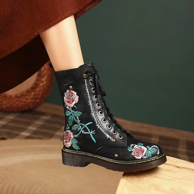 Women's Round Toe Mid Heel Martin Side Zipper Muffin Bottom Booties Embroidery Ethnic Style Women's Shoes Beyond Trends Hub