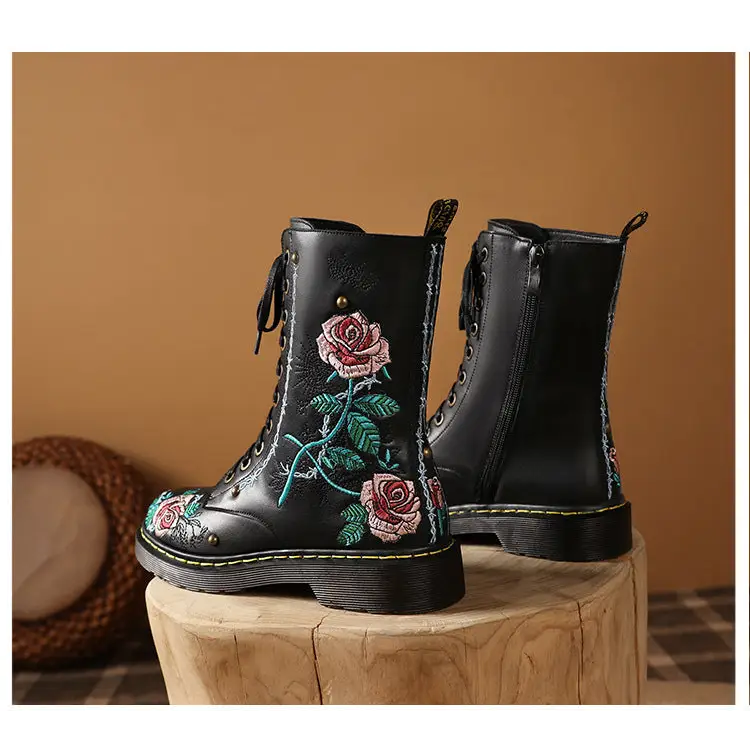 Women's Round Toe Mid Heel Martin Side Zipper Muffin Bottom Booties Embroidery Ethnic Style Women's Shoes Beyond Trends Hub