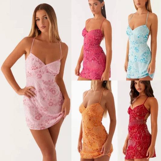 Women’s Sequined Embroidered Backless Sling Dress