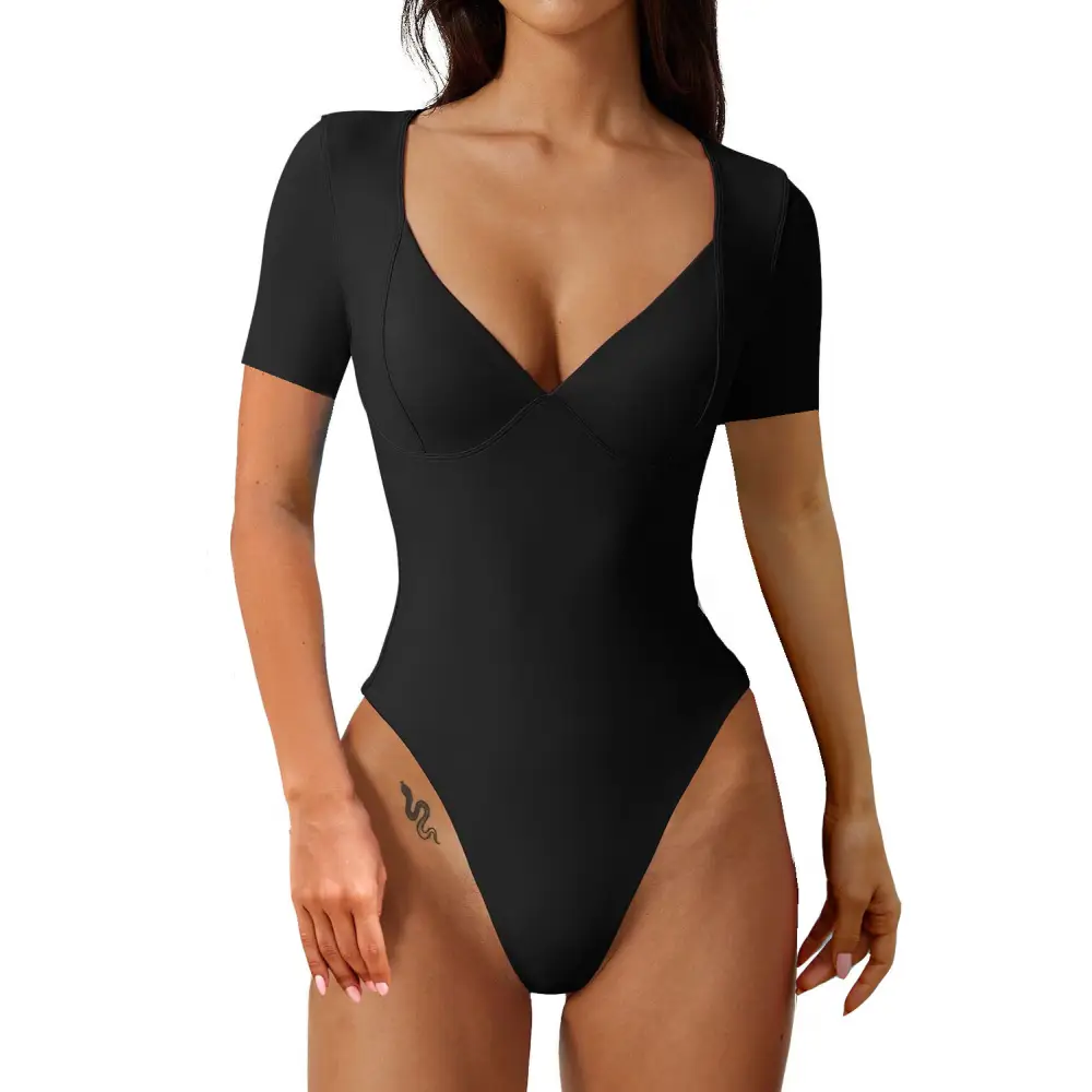 Women's Short Sleeve Bodysuit V Neck Body Suits Seamed Cup Going Out Tops Shirt Beyond Trends Hub