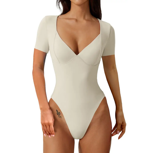 Women's Short Sleeve Bodysuit V Neck Body Suits Seamed Cup Going Out Tops Shirt Beyond Trends Hub
