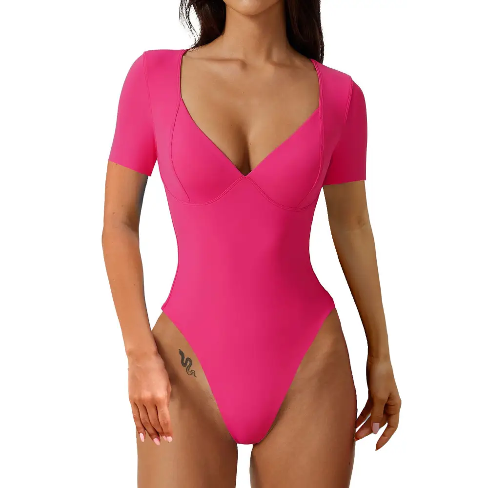 Women's Short Sleeve Bodysuit V Neck Body Suits Seamed Cup Going Out Tops Shirt Beyond Trends Hub