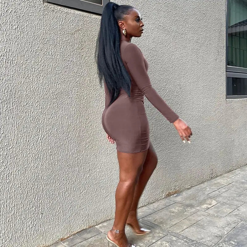 Women’s Skirt Slim Fit Midriff Outfit Metal Buckle Long Sleeve Short Dress