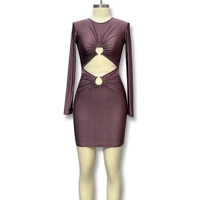 Women’s Skirt Slim Fit Midriff Outfit Metal Buckle Long Sleeve Short Dress