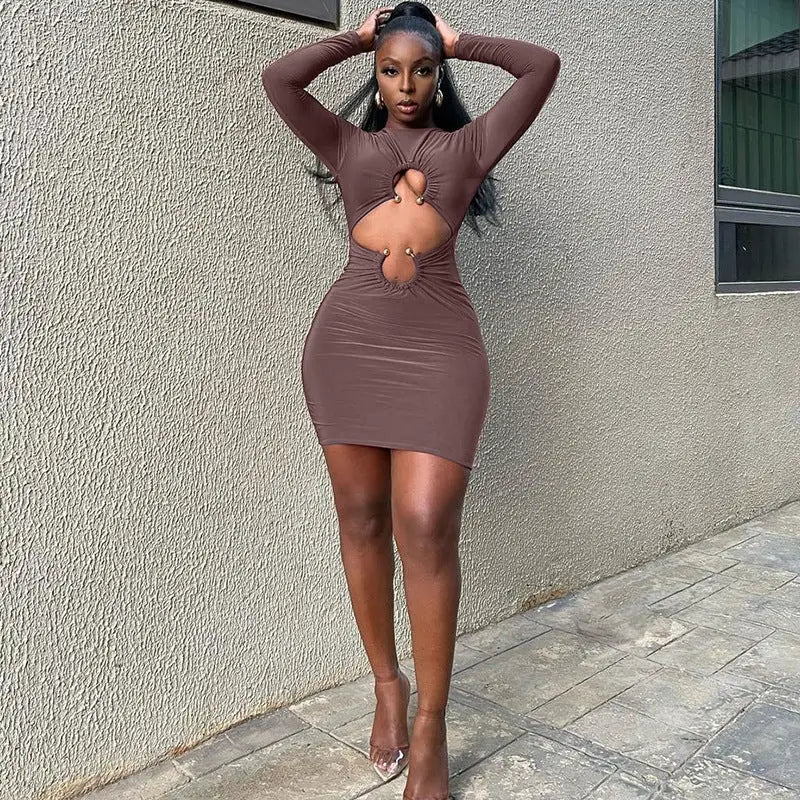 Women’s Skirt Slim Fit Midriff Outfit Metal Buckle Long Sleeve Short Dress