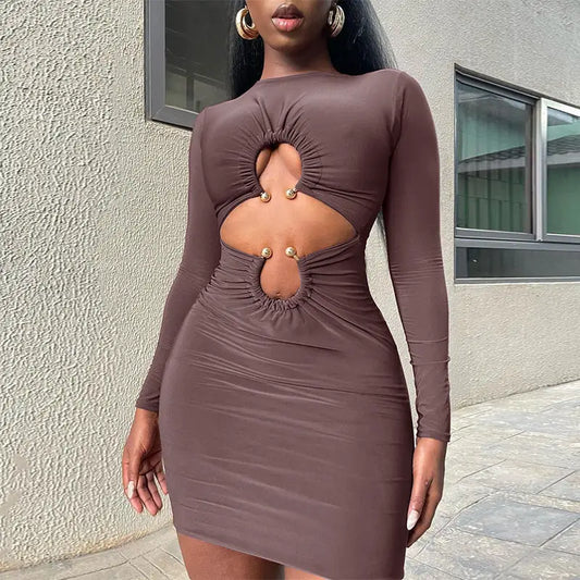 Women’s Skirt Slim Fit Midriff Outfit Metal Buckle Long Sleeve Short Dress