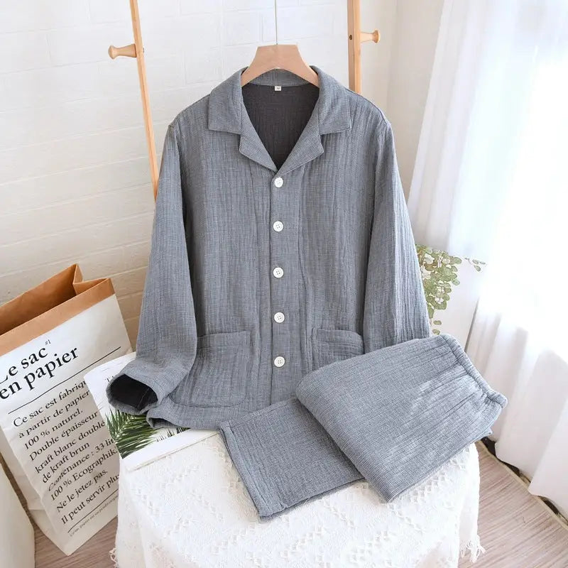 Women’s sleepwear made of pure cotton with four layers of gauze suitable for couples in spring autumn and winter. Men’s
