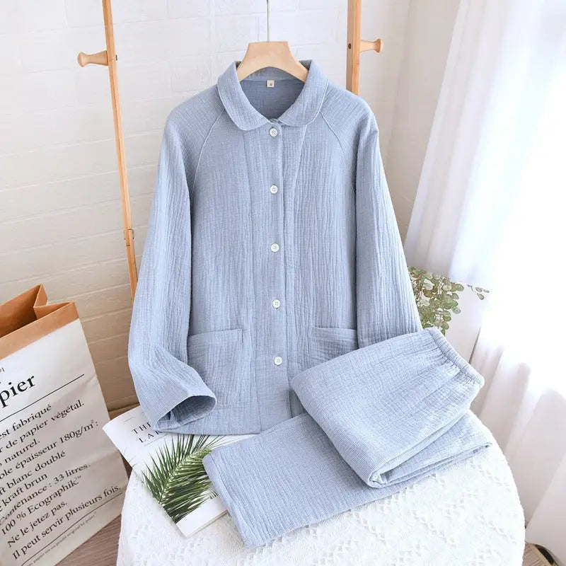 Women’s sleepwear made of pure cotton with four layers of gauze suitable for couples in spring autumn and winter. Men’s