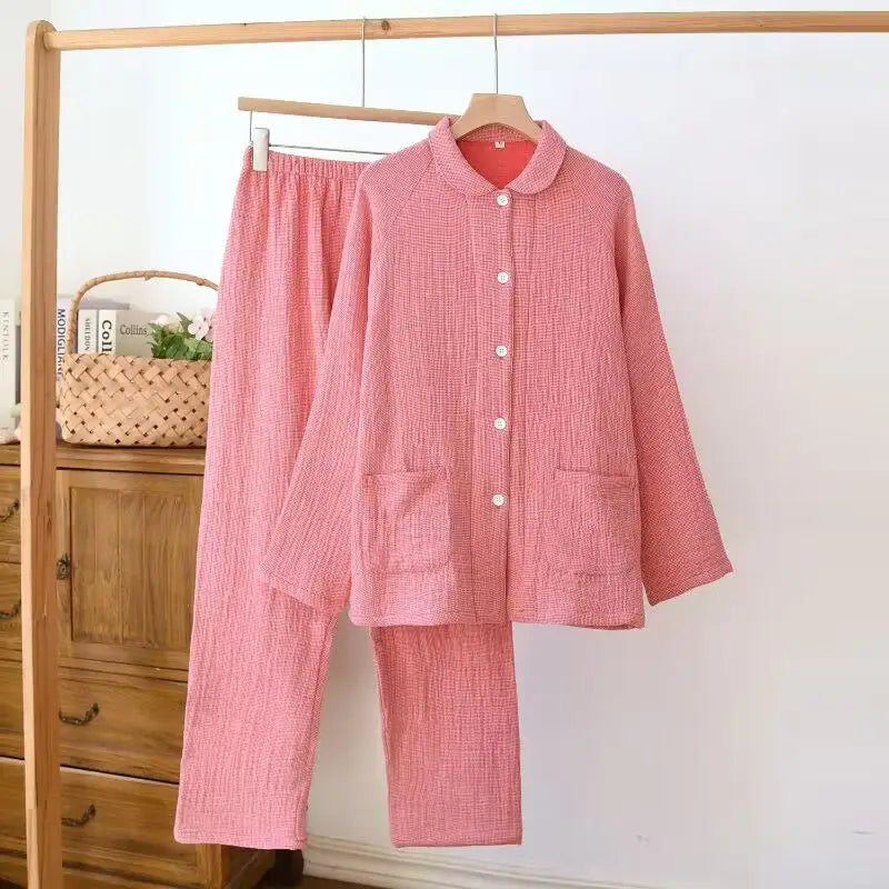 Women’s sleepwear made of pure cotton with four layers of gauze suitable for couples in spring autumn and winter. Men’s