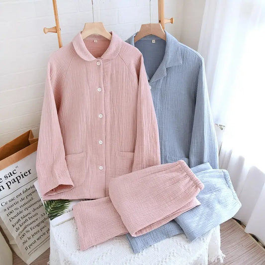 Women’s sleepwear made of pure cotton with four layers of gauze suitable for couples in spring autumn and winter. Men’s