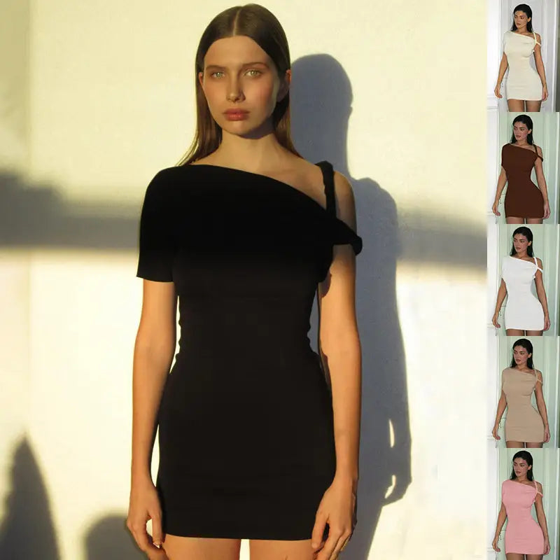 Women's Slim Hip Dress Summer Fashion One-shoulder Short Sleeve Solid Color Dresses - Beyond Trends Hub 