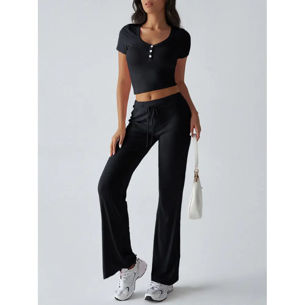 Women’s Solid Color Crew Neck Casual Fashion Suit - Black / XS