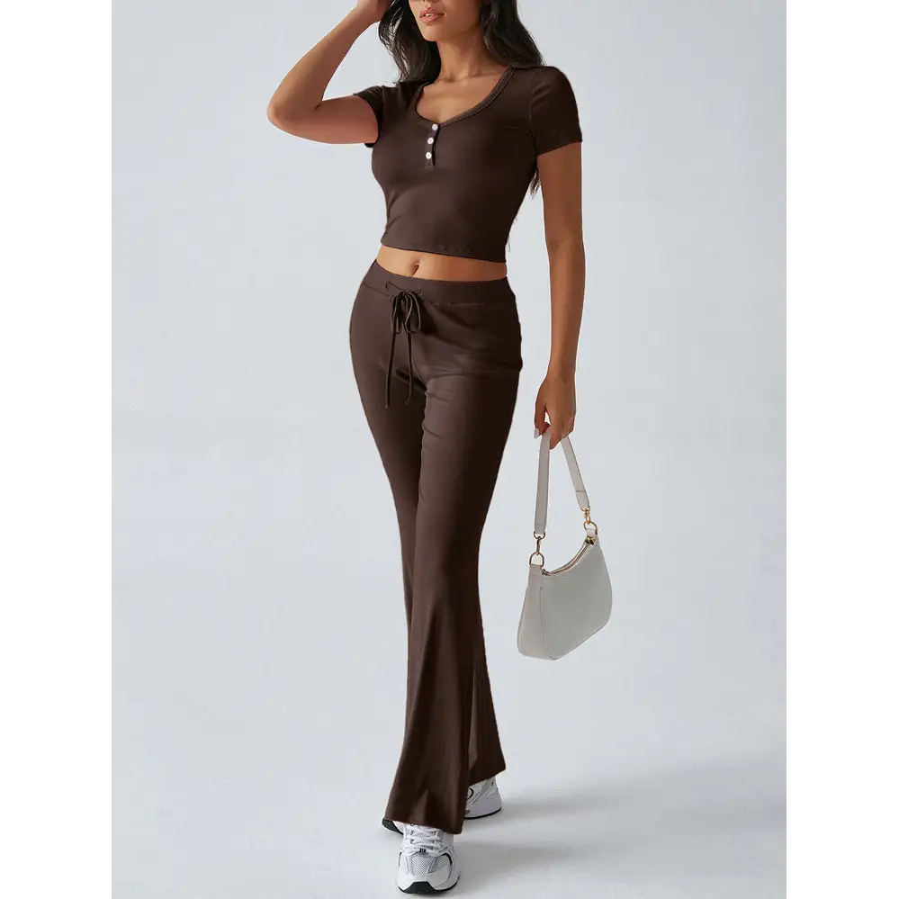 Women’s Solid Color Crew Neck Casual Fashion Suit - Coffee / XS