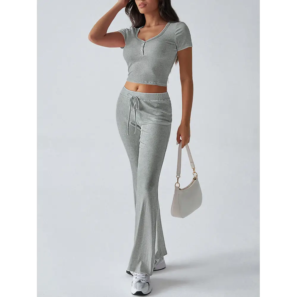Women’s Solid Color Crew Neck Casual Fashion Suit - Gray / XS
