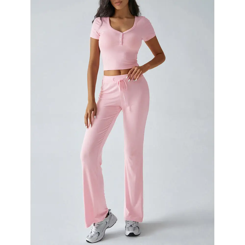 Women’s Solid Color Crew Neck Casual Fashion Suit - Pink / XS