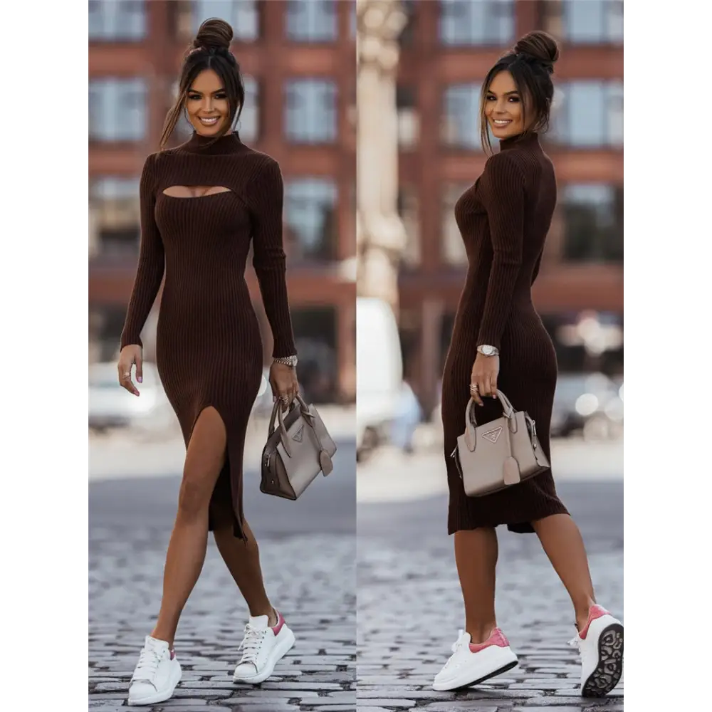 Women’s Solid Color Fashion Long Sleeve Knitted Bodycon Midi Dress Women Spring Elasticity Office Elegant Dresses