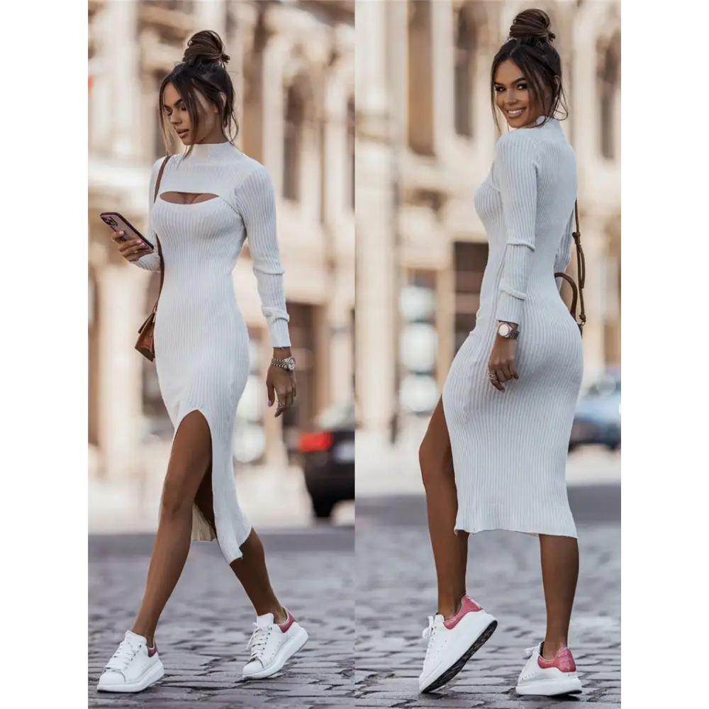 Women’s Solid Color Fashion Long Sleeve Knitted Bodycon Midi Dress Women Spring Elasticity Office Elegant Dresses