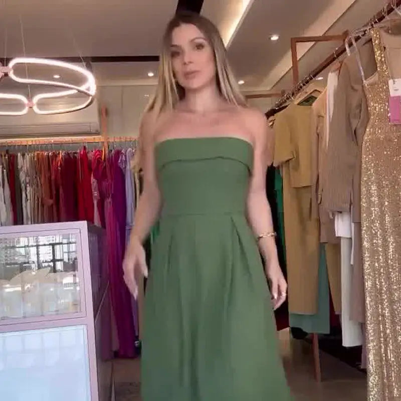 Women’s Solid Color Simple High Waist Stitching Square Collar Tube Top Dress