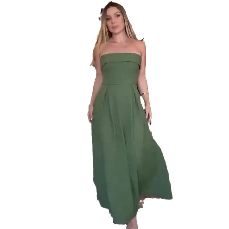 Women’s Solid Color Simple High Waist Stitching Square Collar Tube Top Dress