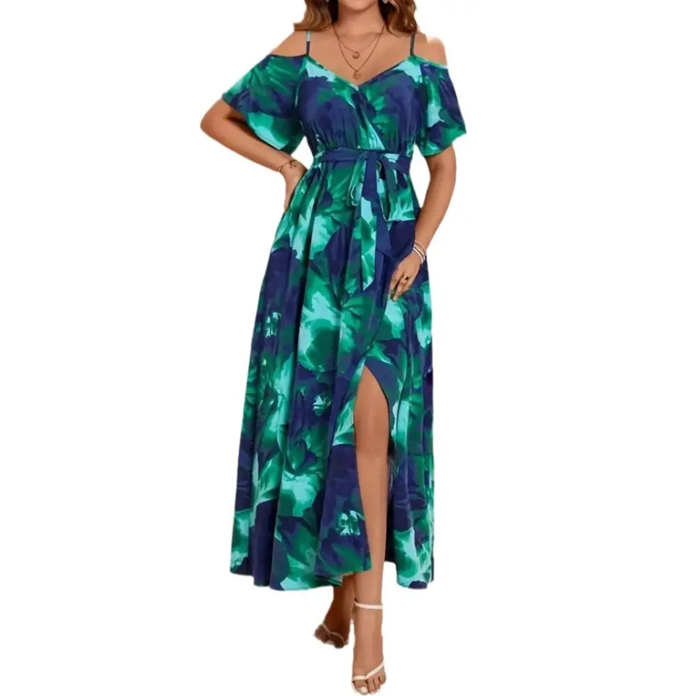 Women’s Split Neckline Asymmetric Batwing Sleeve Printed Dress