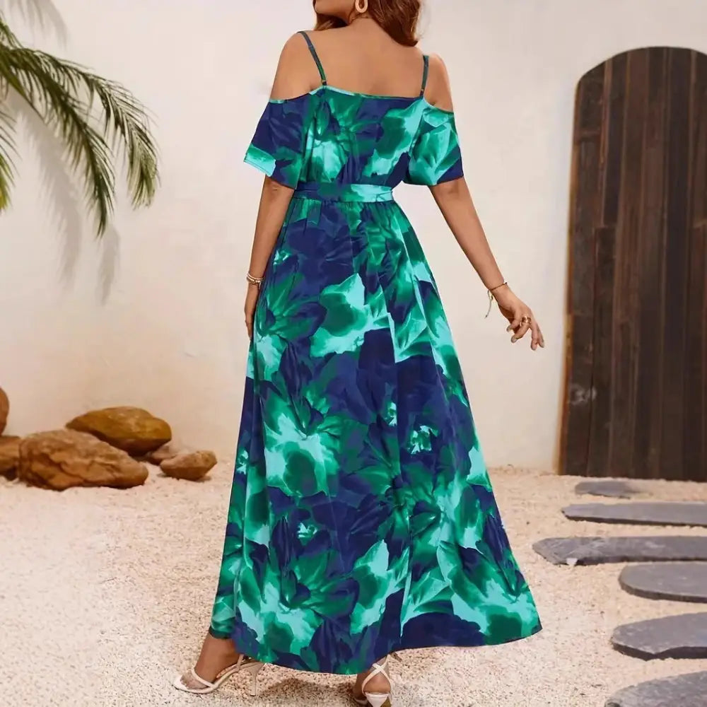 Women’s Split Neckline Asymmetric Batwing Sleeve Printed Dress
