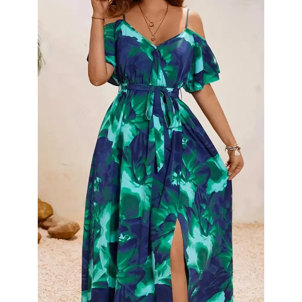 Women’s Split Neckline Asymmetric Batwing Sleeve Printed Dress - Color / S