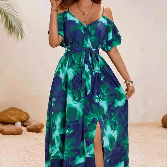 Women’s Split Neckline Asymmetric Batwing Sleeve Printed Dress