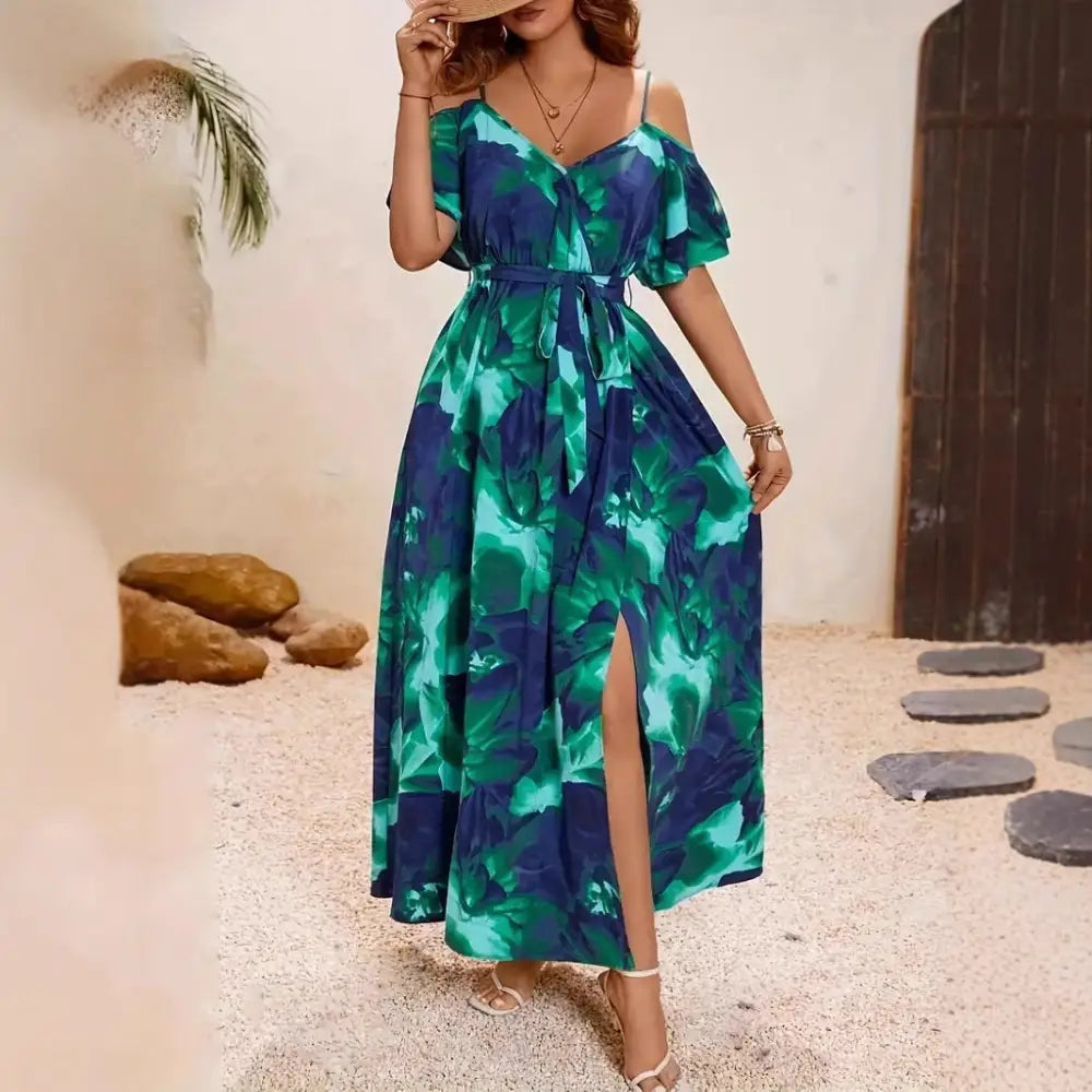 Women’s Split Neckline Asymmetric Batwing Sleeve Printed Dress