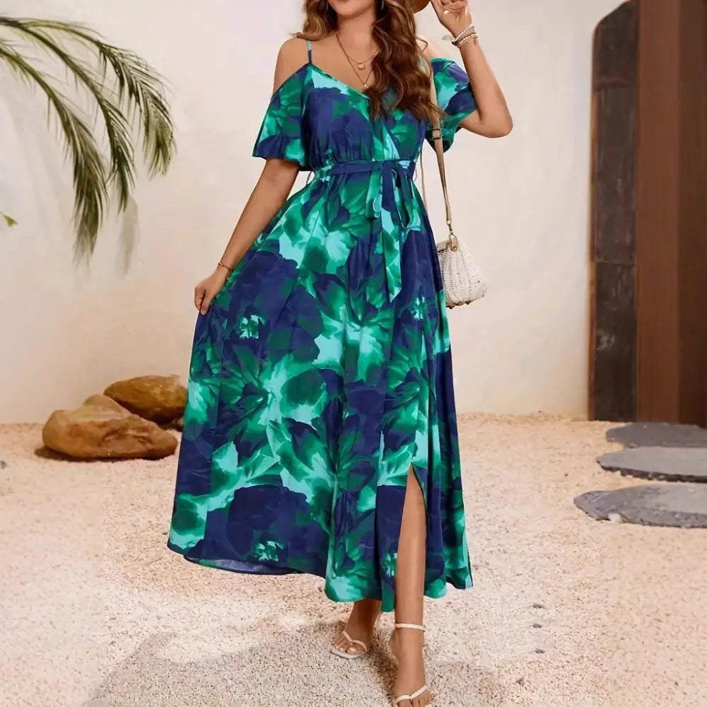 Women’s Split Neckline Asymmetric Batwing Sleeve Printed Dress