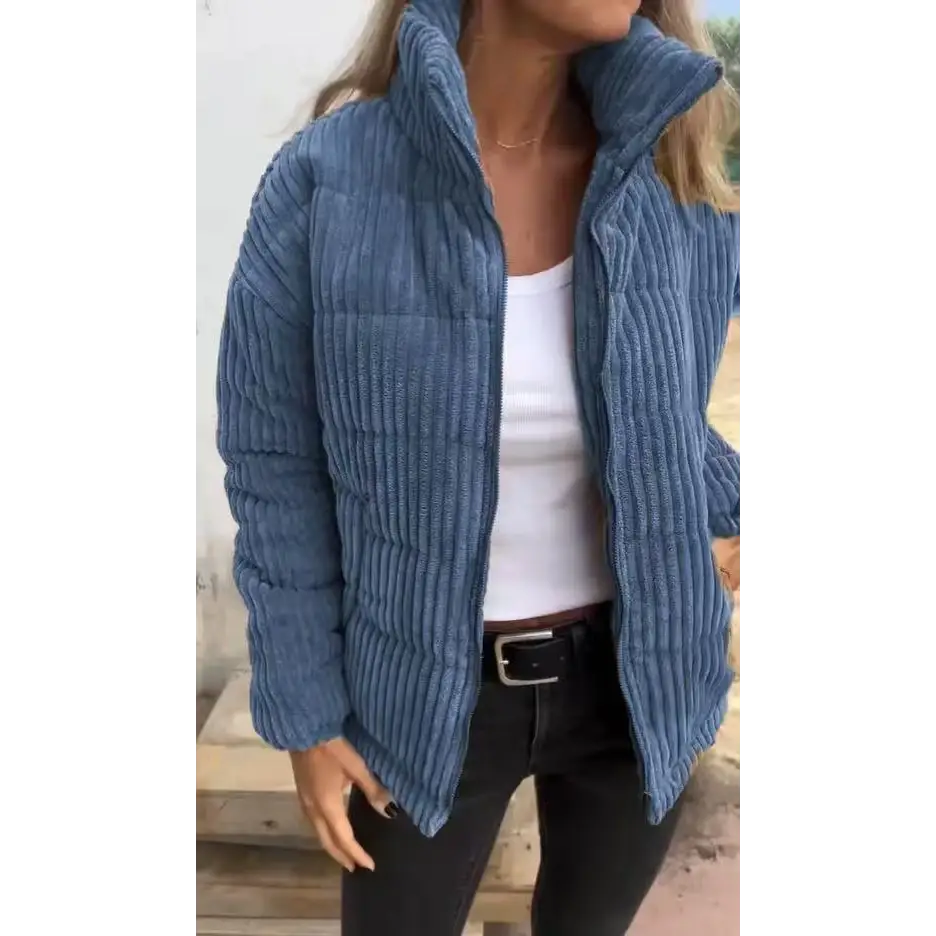 Women’s Stand Collar Long Sleeve Short Pocket Jacket Coat - Blue / S