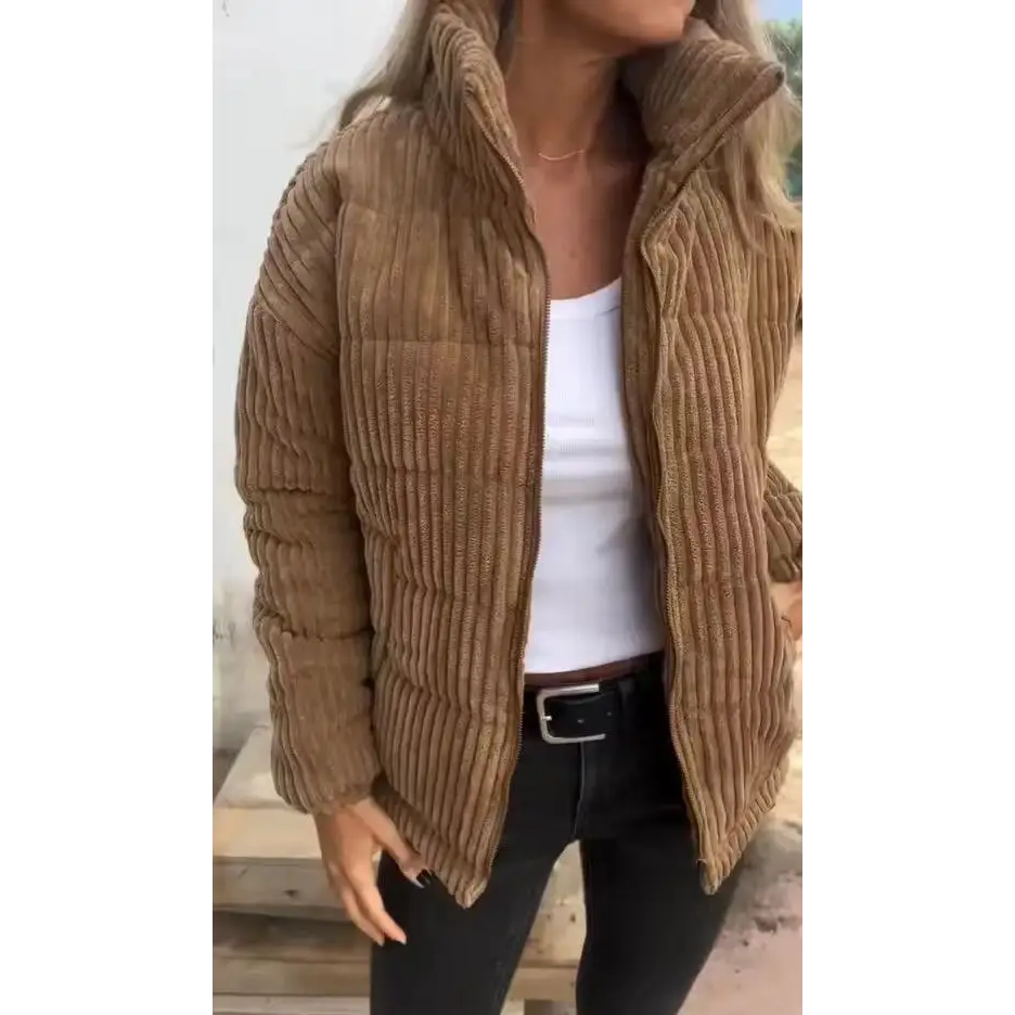 Women’s Stand Collar Long Sleeve Short Pocket Jacket Coat - Dark Brown / S