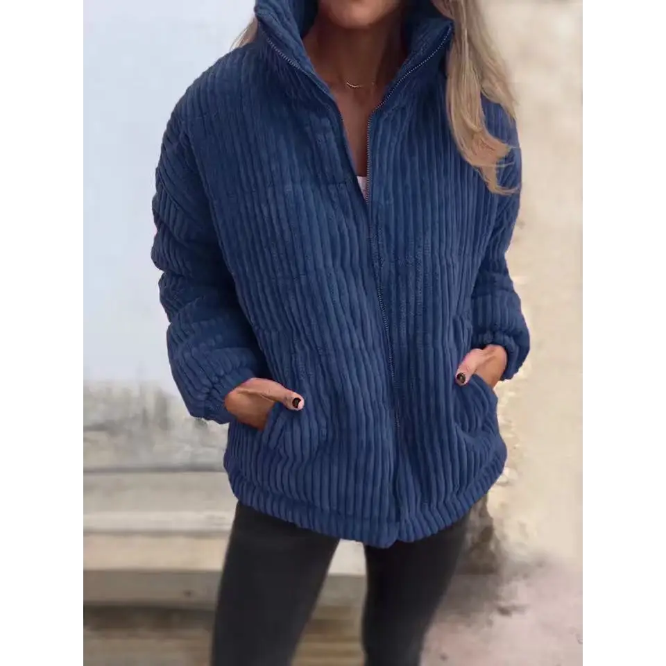 Women’s Stand Collar Long Sleeve Short Pocket Jacket Coat - Dark Blue / S