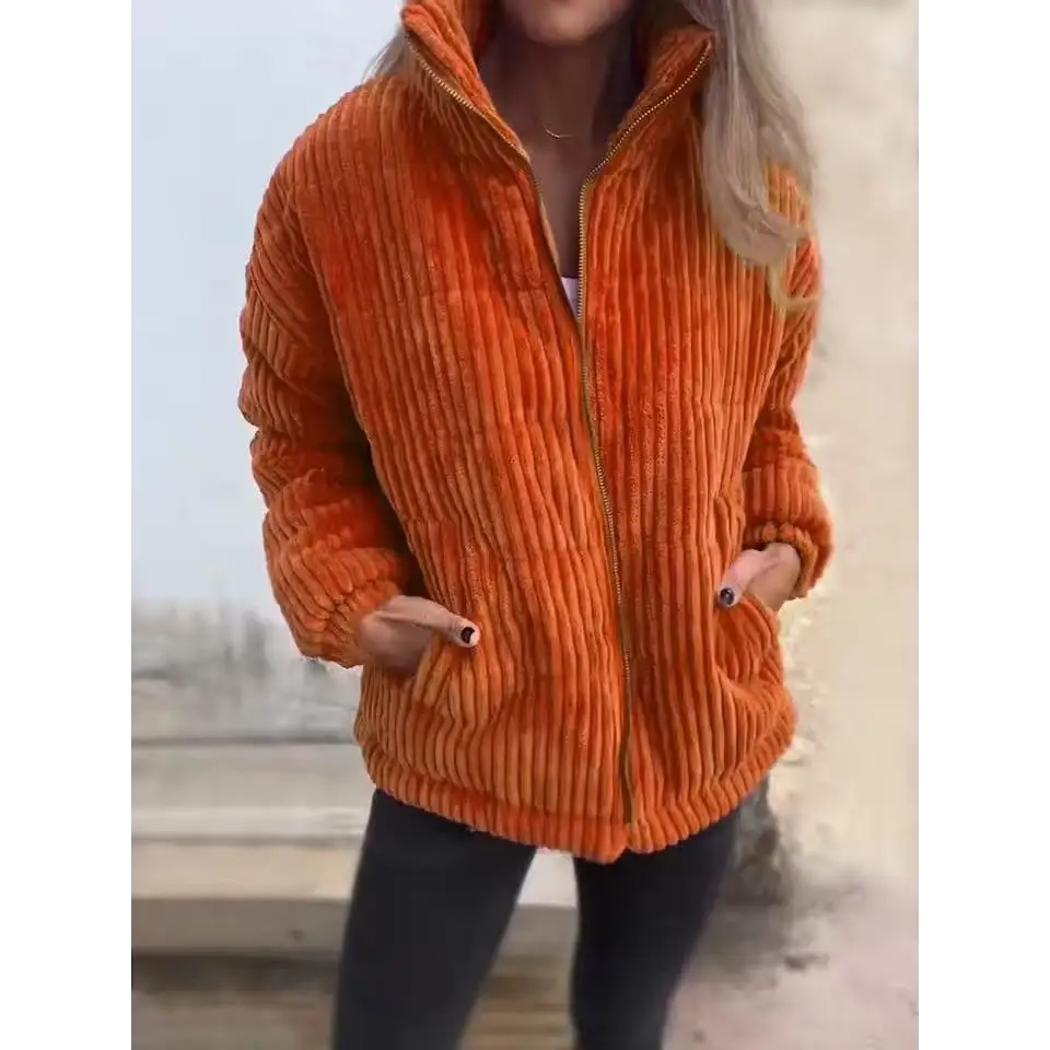 Women’s Stand Collar Long Sleeve Short Pocket Jacket Coat - Orange Red / S