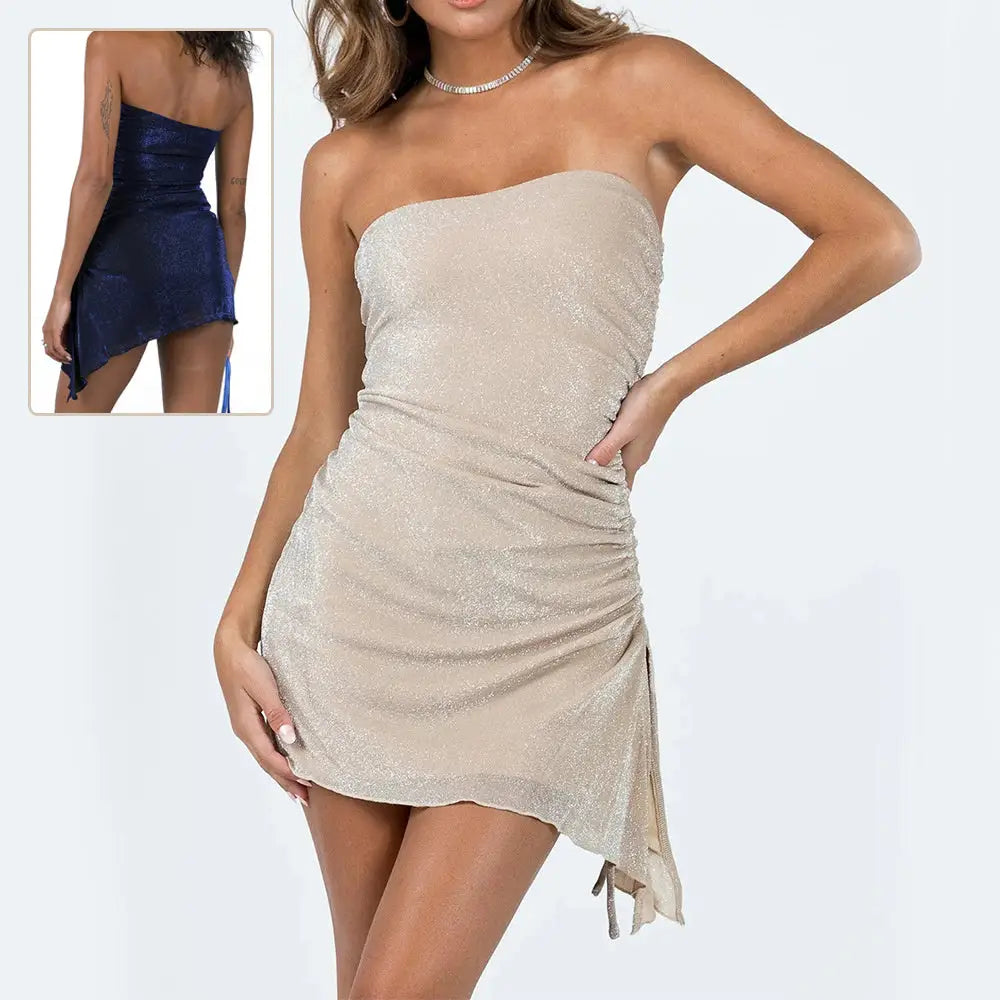 Women’s Strapless Tube Top Short Skirt Drawstring Mini Dress