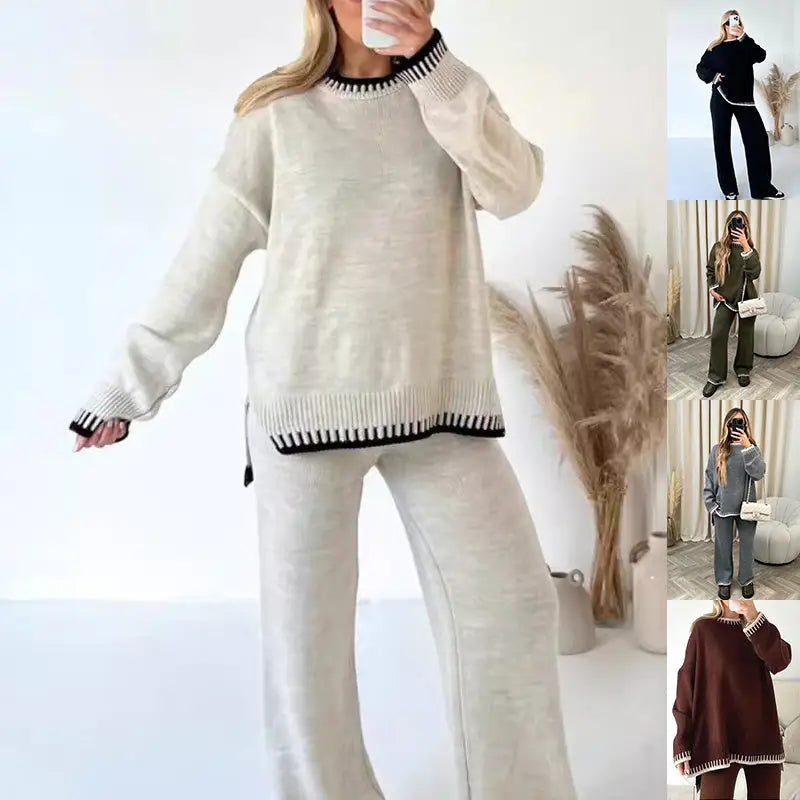 Women’s Suit Fashion Pullover Split Long-sleeved Top And Loose Straight Pants Solid Color Two-piece Set