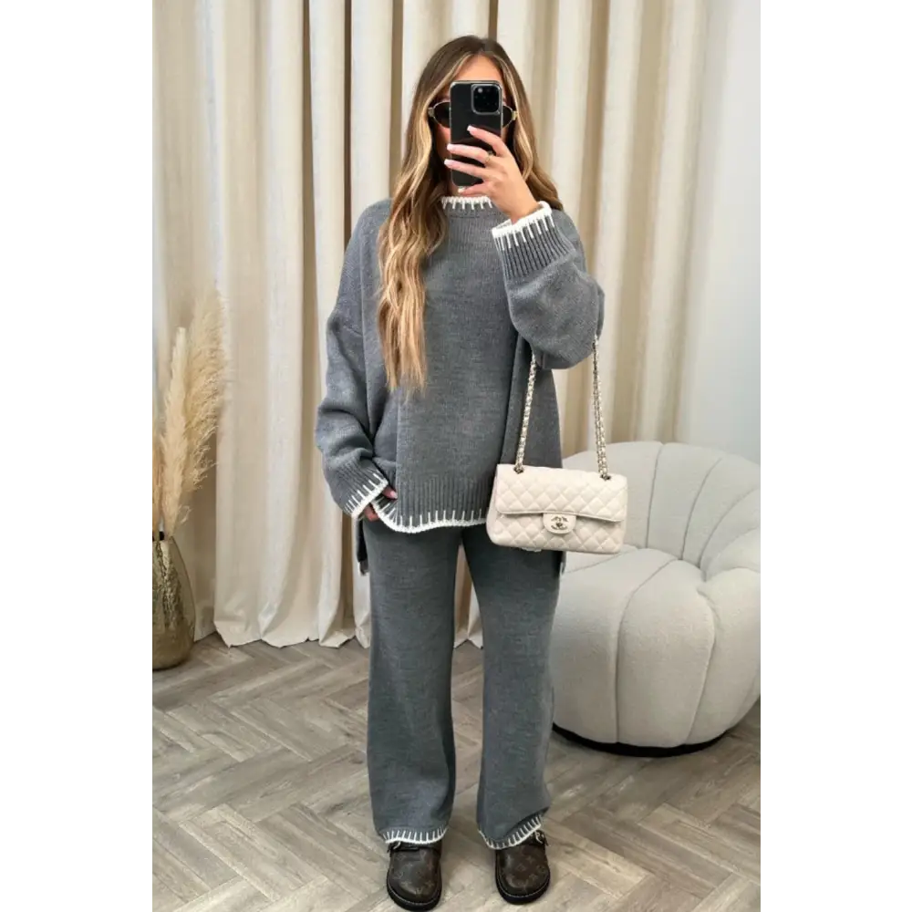 Women’s Suit Fashion Pullover Split Long-sleeved Top And Loose Straight Pants Solid Color Two-piece Set - Gray / L