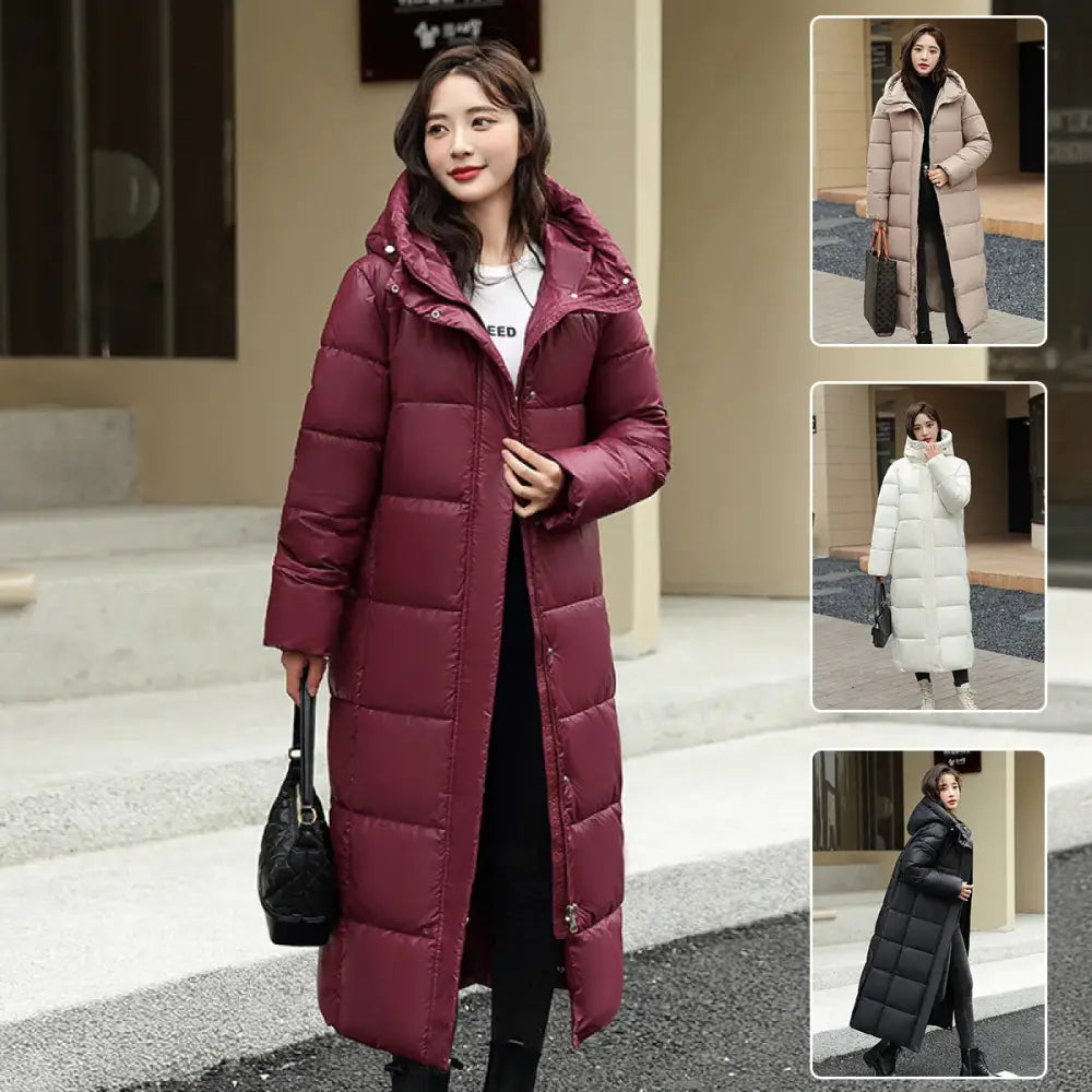 Women's Super Long Down Jacket Winter Puffer Thick Coat Black Red Hooded Zipper Keep Warm Fall Winter Casual Clothes Beyond Trends Hub