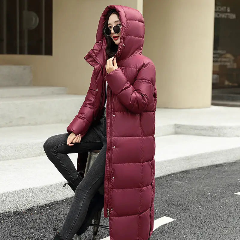 Women's Super Long Down Jacket Winter Puffer Thick Coat Black Red Hooded Zipper Keep Warm Fall Winter Casual Clothes Beyond Trends Hub