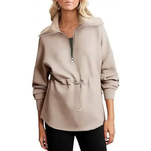 Women’s Super Plus Size Sweatshirt Half Zipper Drawstring - Khaki / S