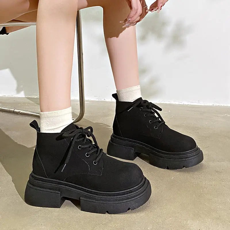 Women's Thick-soled Lace-up Retro Matte Ankle Trendy Cool British Fan Boots Beyond Trends Hub