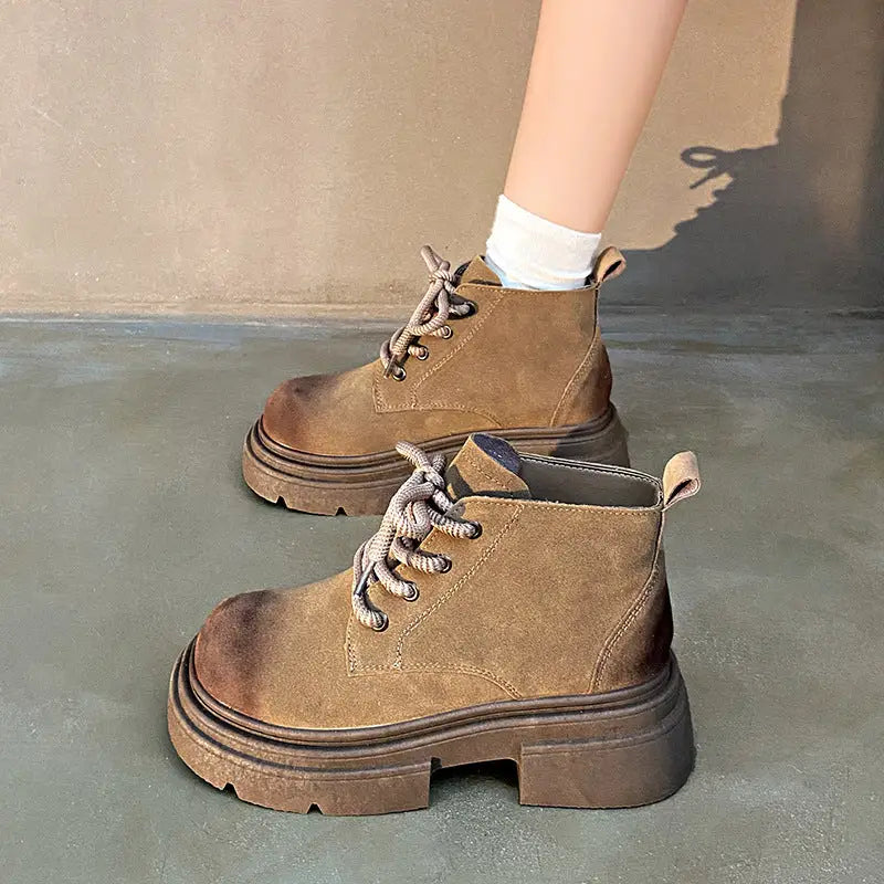 Women's Thick-soled Lace-up Retro Matte Ankle Trendy Cool British Fan Boots Beyond Trends Hub
