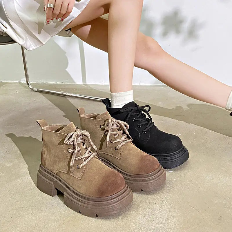 Women's Thick-soled Lace-up Retro Matte Ankle Trendy Cool British Fan Boots Beyond Trends Hub