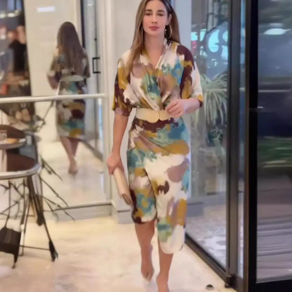 Women’s V-neck High Waist Slim Fit Fashion Printed Sheath Dress